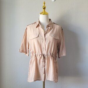 Button-Up Shirt, Drawstring Waist Safari Blouse, Short Sleeve Lightweight Top